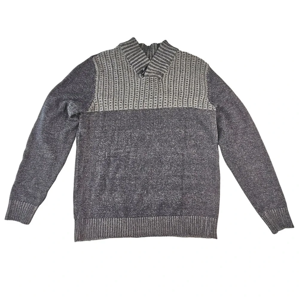 90s Method Mens Shawl Collar Sweater Grey Marl Knit Y2K Waffle Knit Chest Large